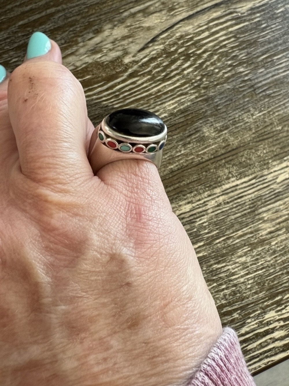 Vintage Sterling Silver Cabochon Onyx and Multi-Stone Inlay Ring. SZ  6.75 - Picture 7 of 17